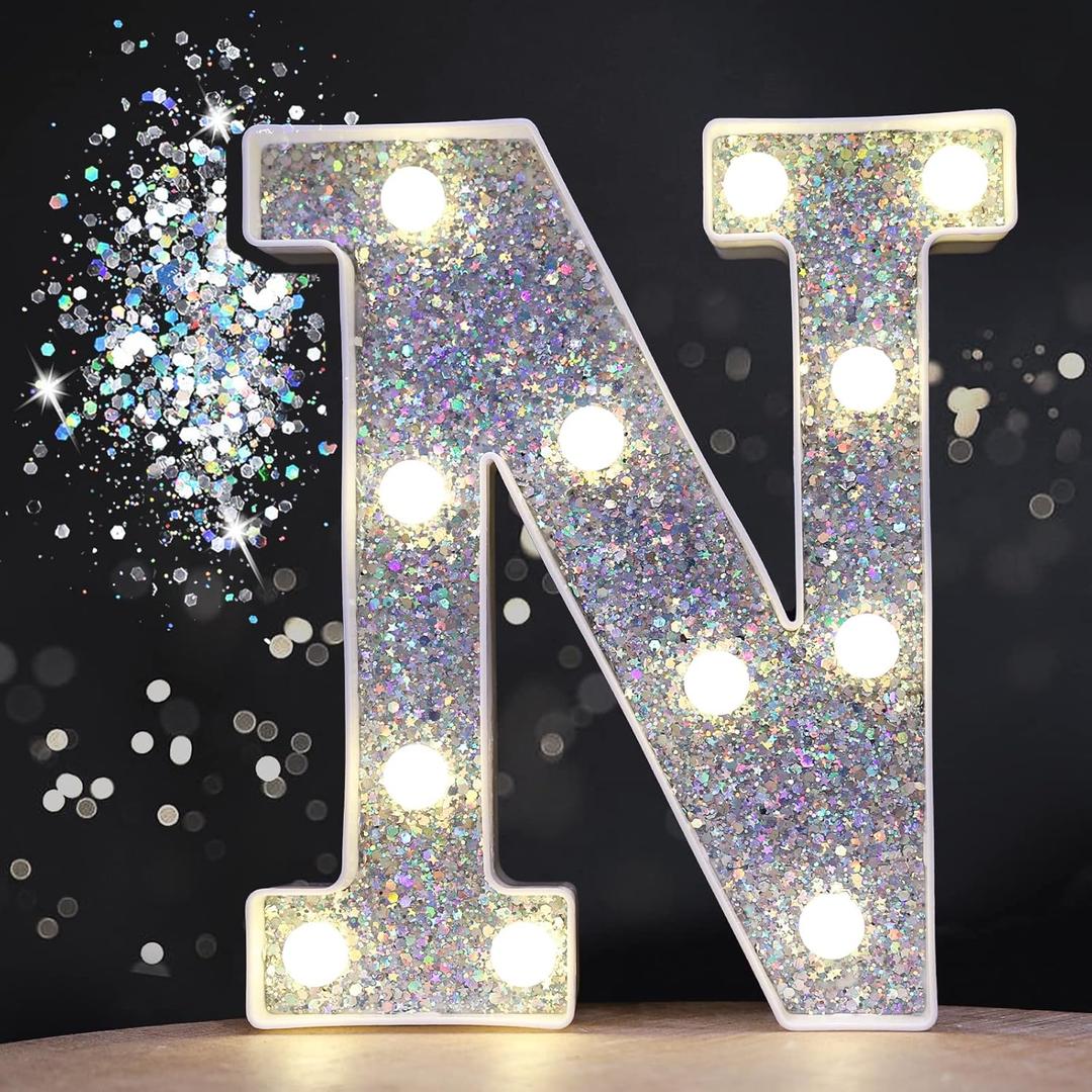 Pooqla LED Marquee Light Up Silver Letters, Glitter Alphabet Sign Battery Powered for Night Light, Birthday Party, Wedding, Girls Gifts, Home Bar, Christmas Decoration - Silver Letter N