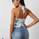 Women's Floral Print Halter Crop Top Summer Ruched Tie Backless Sleeveless Boho Tank Tops (XS)