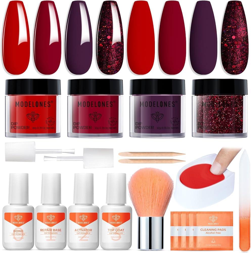 Modelones Dip Powder Nail Kit, 4 Colors Red Purple Glitter Dipping Starter Set with Liquid and Accessories for French Nails Art Salon DIY at Home Manicure