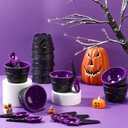 Meanplan 24 Set Halloween Ice Cream Bowls and Spoons 6 oz Witch Plastic Reusable Ice Cream Bowls Black Purple Waffle Cone Shaped Cups for Dessert Sundae Frozen Yogurt Trick or Treat Party Supplies