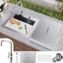 Outdoor Sink, TECASA 21 x 18 Inch Drop-in Workstation Kitchen Sink with Dust Lid and Faucet, T304 Stainless Steel Single Bowl Bar Basin with Cutting Board for Garage, RV, BBQ & Gardening