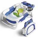 BUNWAG Baby Bathtub, Collapsible Newborn Bathtub for Infant to Toddler with Soft Cushion and Thermometer, Travel Newborn Tub with No-Slip Feet, Baby Shower Gifts, 0-12 Months Baby Bath, Navy Blue