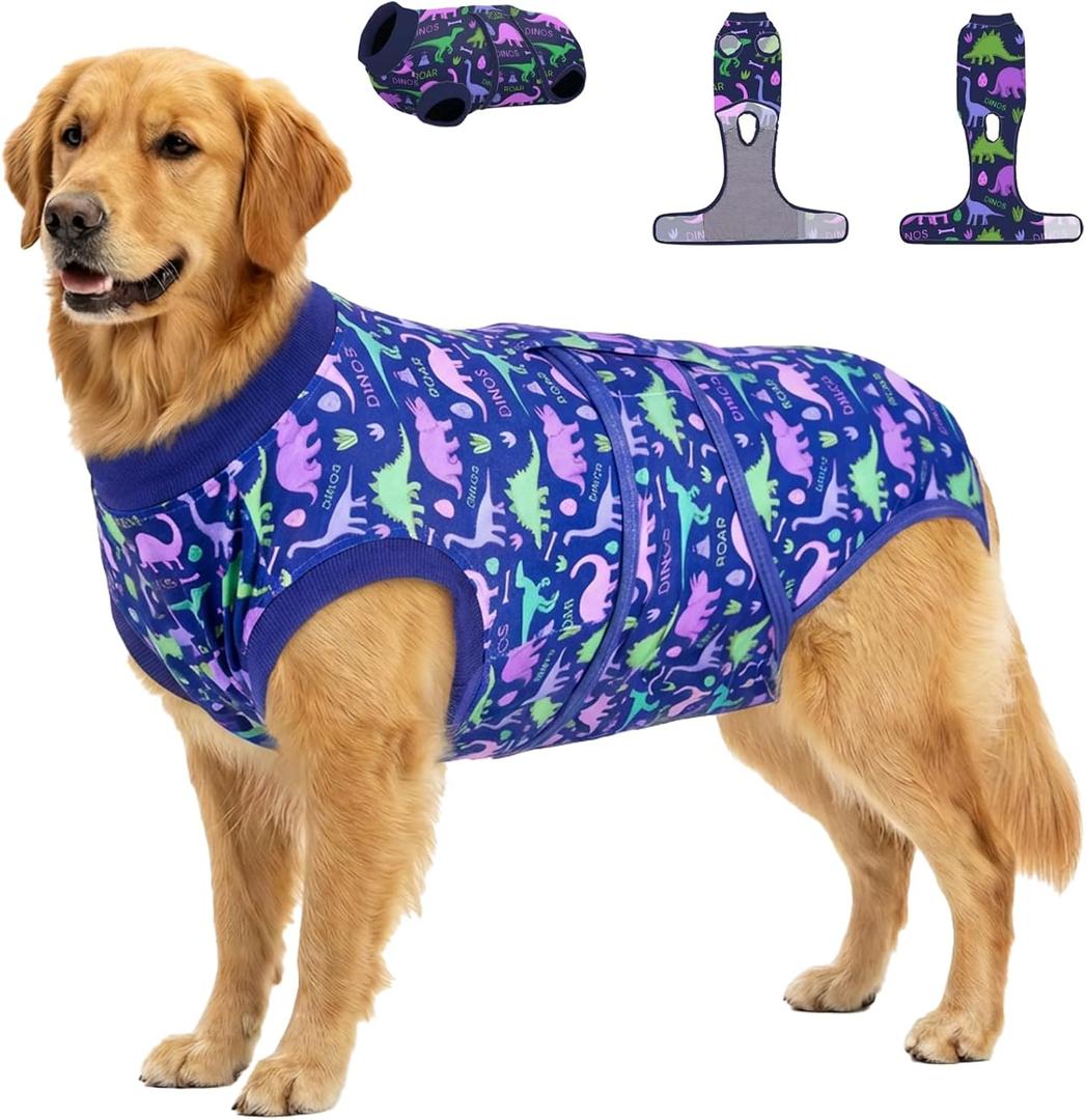 PetWarm Dog Recovery Suit, Onesies for Dogs, Dog Cone Alternative After Surgery Substitute E-Collar and Cone Prevent Licking Dog Onesies Pet Surgery Recovery Suit, Dinosaur Pattern, Blue Purple, 2XL