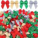 Syhood 150 Pcs Christmas Mini Bow Tiny Twist Tie Handmade Craft Ribbon Bow Hair Small Holiday Ribbon Craft Supply for DIY Sewing Party Decor (Gold, Silver, Red, Green)