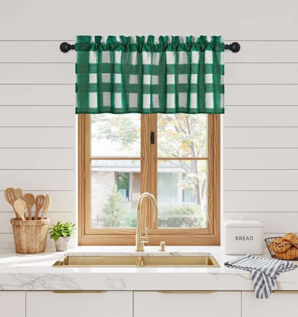 NICETOWN Valences Buffalo Check Kitchen Tier Curtains, Classic Plaid Gingham Farmhouse Window Curtain Valance for Windows Living Room Bedroom, Rod Pocket, Green & White, 52"x 18"