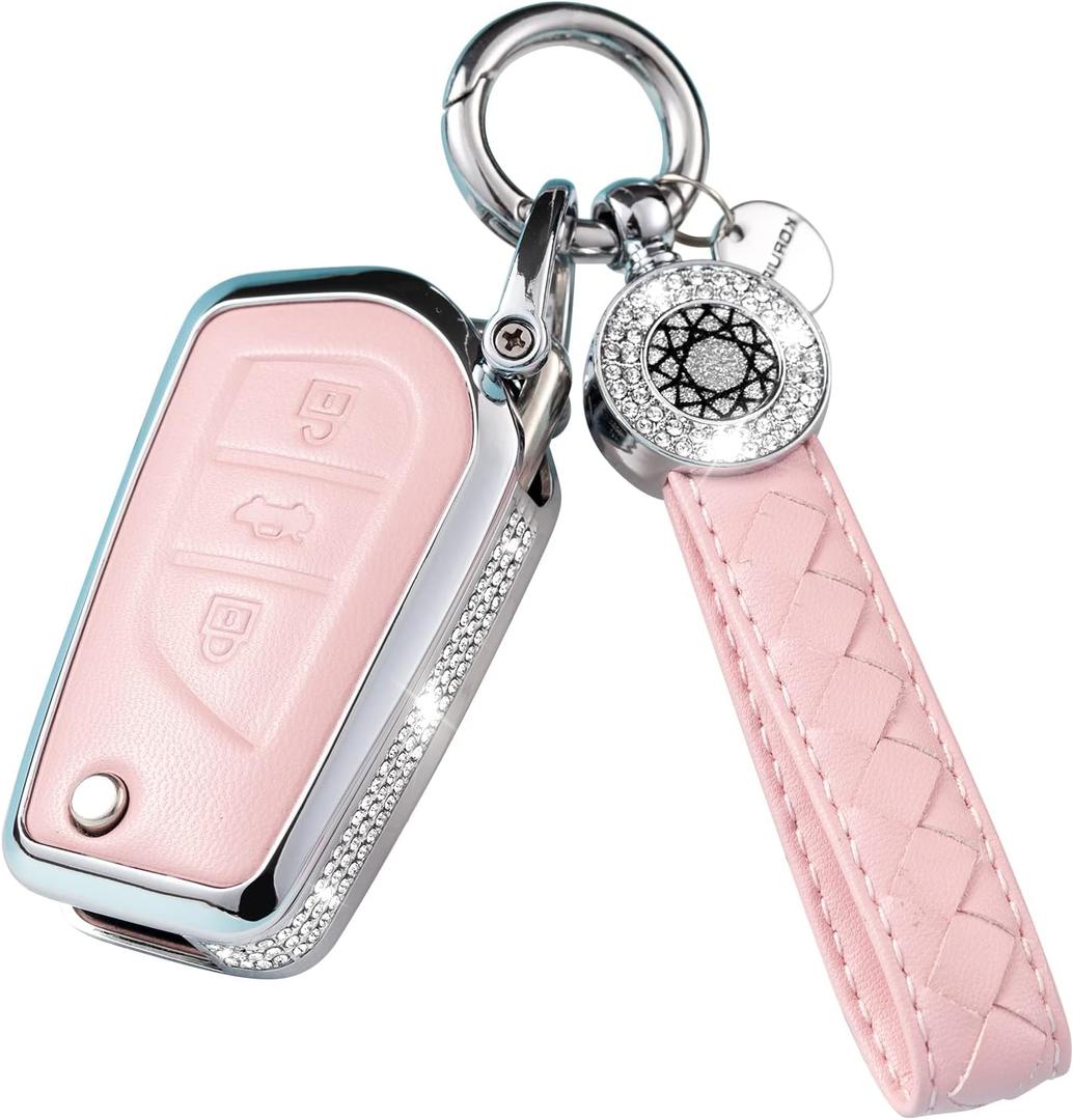 RUABIBAN Compatible with Toyota Key Fob Cover with Keychain, Pink Genuine Leather Crystal Key Case Protection Shell for Fortuner Tundra Camry RAV4 Highlander Corolla 3 Buttons Key