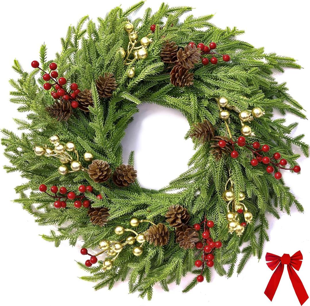 26" Norfolk Pine Wreath, Large Greenery Wreath for Front Door, Green Year Round Real Touch Artificial Greenery Wreath for Wall Porch Rustic Farmhouse Home Decor, with Lights, Red Bow, FF10