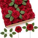 Lifewit Artificial Flowers, 50 Pcs Dark Red Foam Real Looking Roses with Stems, Fake Roses for DIY Wedding Bouquets, Centerpieces Arrangements, Valentine Decorations
