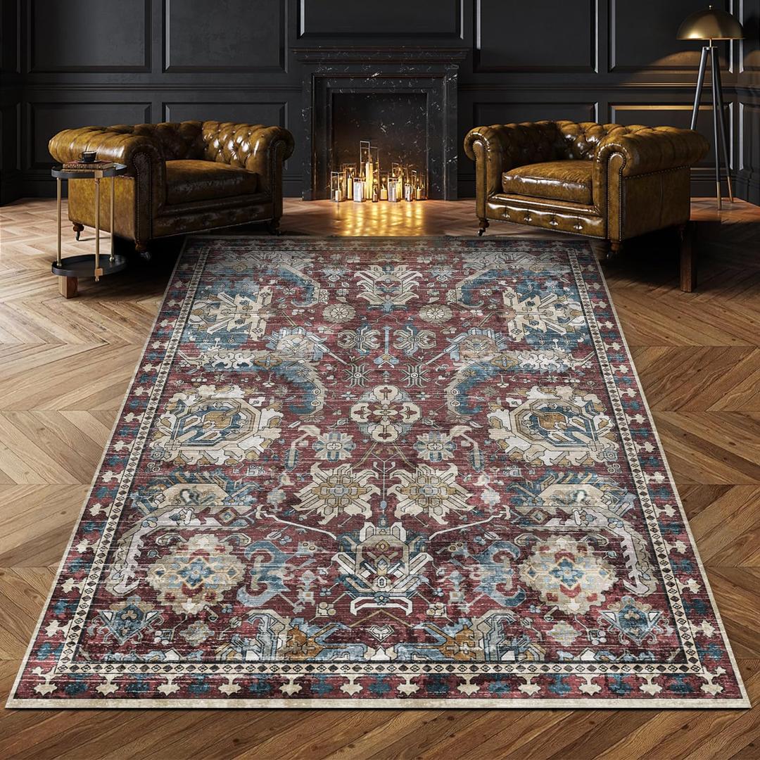 RUGSURE Washable Area Rugs - Perfect for Living Room, Bedroom, Kids Room, Nursery - Stain & Water Resistant Non-Slip, Pet & Child Friendly, Vintage Tribal Area Rugs (Rust and Blue, 8' x 10')