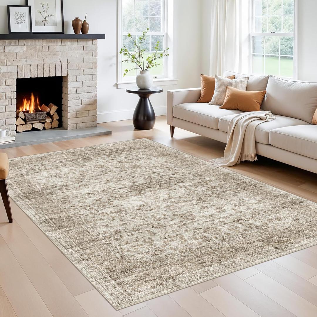 5X7 Area Rugs for Living Room, Washable Non Slip Vintage Rugs, Low Pile Soft rug for Dorm/Classroom/College Room Easy Clean & Stain Resistant Home Daily Use for College Students 5x7 Beige Brown