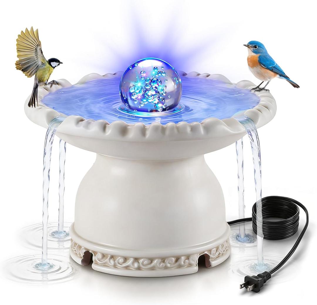 Bird Bath Fountain with LED Light, Electric Bird Bath for Outside with 5W Fountain Pump and Crystal Ball, Vintage White Resin Tower-Style Birdbath Water Fountains for Garden, Patio, Yard, Pond