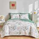 Joyreap 3 Pieces Microfiber Quilt Set, Botanical Green Leaves on White Reversible Design, Bedspread Bed Cover for All Season, 1 Quilt and 2 Pillow Shams (Full/Queen, 90x90 inches)