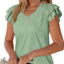 PRETTYGARDEN Summer Tops for Women 2026 Spring Trendy Fashion Clothes Casual Ruffle V Neck Short Sleeve Shirts Blouses (X-Large, Green)