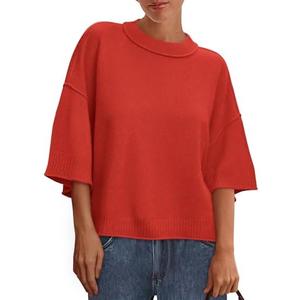 BTFBM Womens Short Sleeve Tops 2025 Summer Casual Crew Neck Oversized Sweater Solid Color Ribbed Knit T Shirts Pack of 2, Rust Red