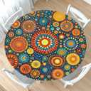 Boho Round Fitted Tablecloth with Elastic Edge Orange Bohemian Circle Table Cloth for 40-44" Tables Mandala Colorful Geometric Wipeable Washable Table Cover for Picnic Party Dining Outdoor Decor