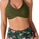 Uikue Women's Two Piece Swimsuits Full Coverage Bikini Set Tummy Control Bathing Suit Push Up V Neck Twist Front Swim Suits 2 XL, Green