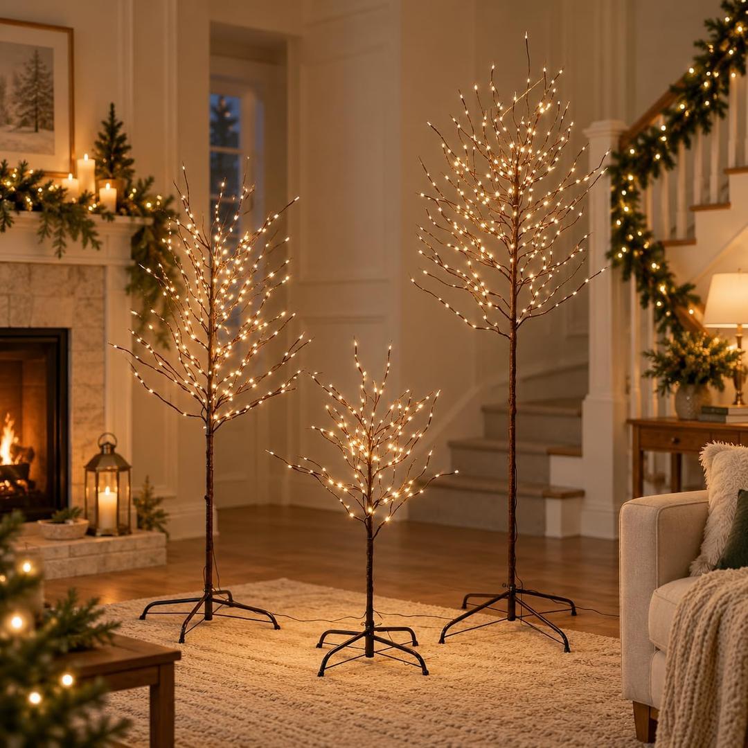 VIVATREES 3ft & 5ft & 6ft Twinkling Twig Trees Set, with Warm White Lights, Indoor Outdoor Christmas & Wedding Decor(3 Sizes Pack)