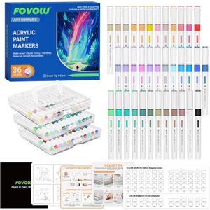 36 Colors Automatic Ink Control Acrylic Paint Pens, Brush Tip Acrylic Paint Markers, Acrylic Markers Set for Rock Painting, Wood, Glass, Fabric, Ceramic, Canvas, DIY Crafts & Art Supplies