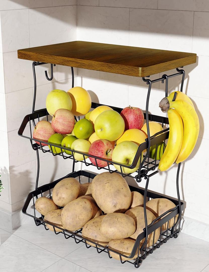 3-Tier Fruit Basket for Kitchen Counter with Banana Hangers, Countertop Organizer Fruit Bowls with Wood Top, Fruit Storage Basket Stand for Storage Potato Onion Bread Snack Fruit Veggie