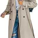 Makkrom Women's Double Breasted Long Trench Coat Windproof Classic Lapel Slim Overcoat with Belt Size L