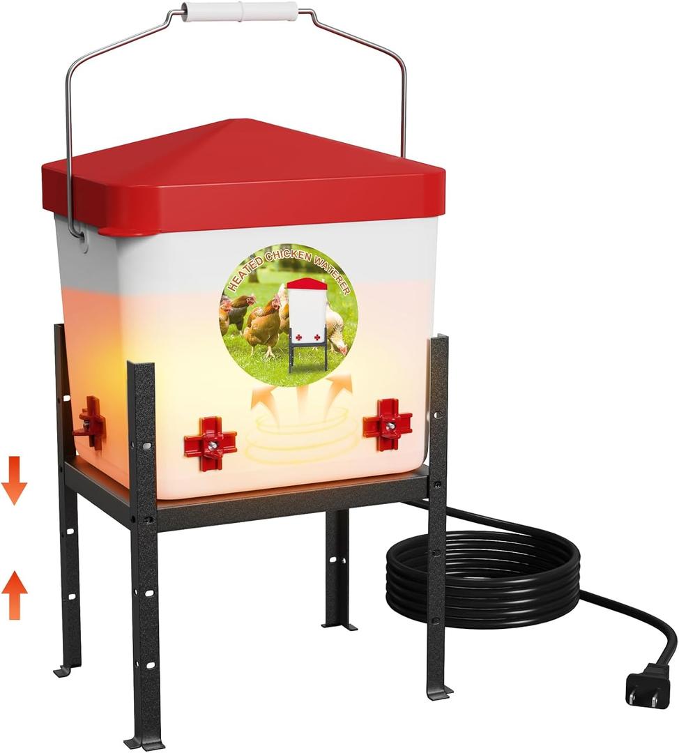 Nexum 2 Gallon Heated Chicken Waterer, Thermostatically Controlled Anti-Freeze Poultry Drinker with 4 Nipples & Adjustable Stand for Winter Coop Accessories (Red,7L)