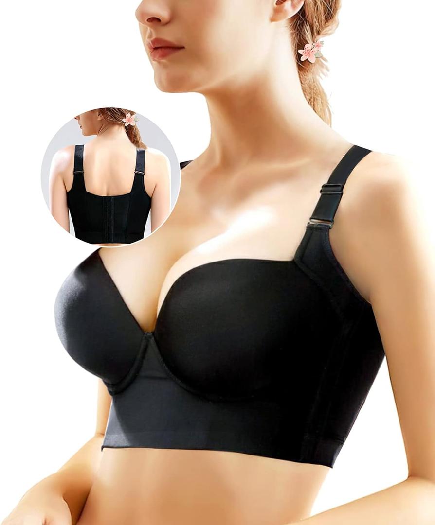 Women's Push Up Bra,Full-Coverage Underwire Bra,Hide Back Fat Deep Cup Bra,Smoothing T-Shirt Bra,Sculpting Uplift Bra ((38) DD, Black)