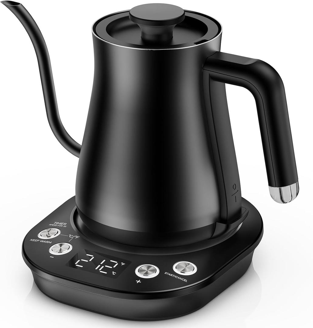 Gooseneck Electric Kettle with 1 Temperature Control, 304 Stainless Steel Interior, BPA Free, 1200 Watt Rapid, Brew Timer, Automatic Shut Off for Pour Over Coffee, Brew Tea, Boil Hot Water