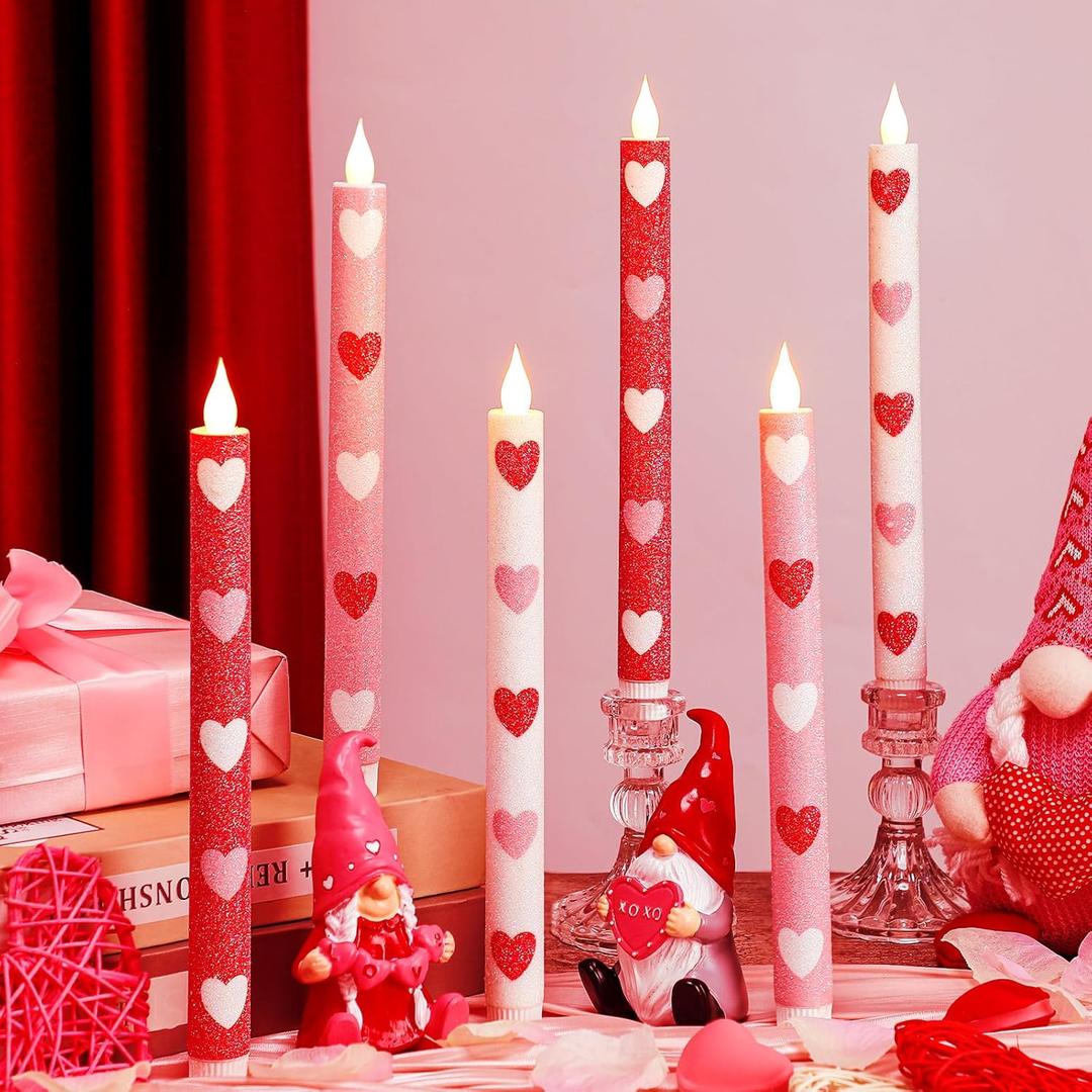 Honoson 6 Pcs Heart Glitter Flameless Taper Candles 10.6 Inch Valentines Day Candles Battery Operated LED Candlesticks for Valenties Wedding Bridal Birthday Baby Shower Party Dinner Table Home Decor