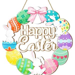 Easter Front Door Decoration Hanging Wreath with Bunny & Colorful Eggs, Spring Seasonal Wall Decor for Porch, Entryway, Indoor & Outdoor Home Decoration