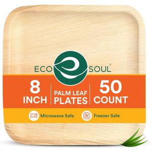 ECO SOUL Palm Leaf Like Bamboo Plates, 8 Inch Square, 50 Pack Bulk Disposable Appetizer & Dessert Tableware, Compostable Biodegradable Natural Wooden Small Party Plates for Wedding, Catering, Events