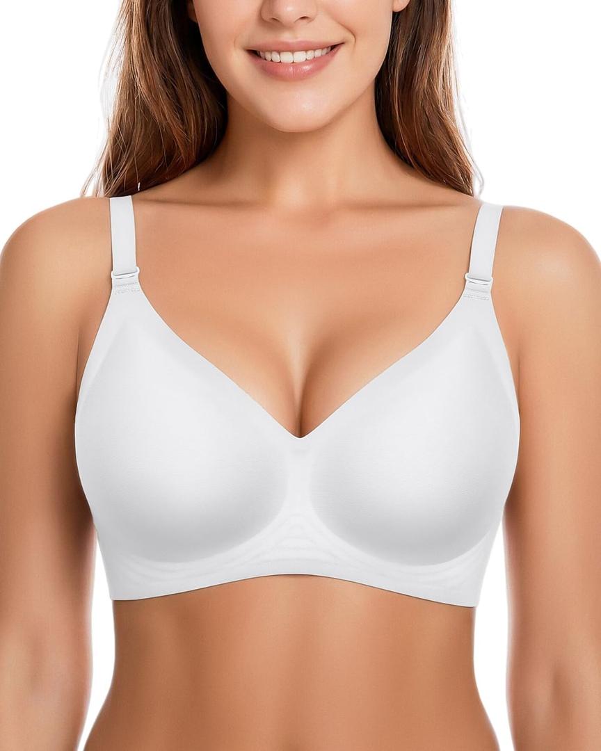 Womens Wireless Jelly Bras Plunge Full Coverage Tshirt Plus Size Bra | Comfortable, no underwire, Push Up, Seamless, V-Neck, bralettes, Older Women, Everyday, soft, Support&Lift (White)