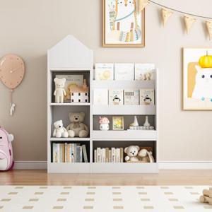 Wooden Bookshelf Organizer with Bookcase, Kid's Storage Unit with 6 Compartments 2 Baskets Bins Toys Box Organizerfor Bedroom, Playroom, Nursery-White