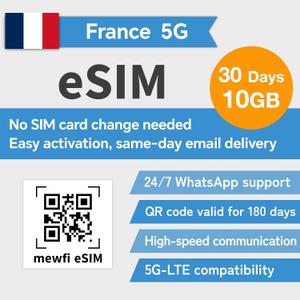 eSIM for France Travel, 30 Days 10GB Data Only SIM Card for Unlocked eSIM Compatible Smartphone, 5G High-Speed Communication Network