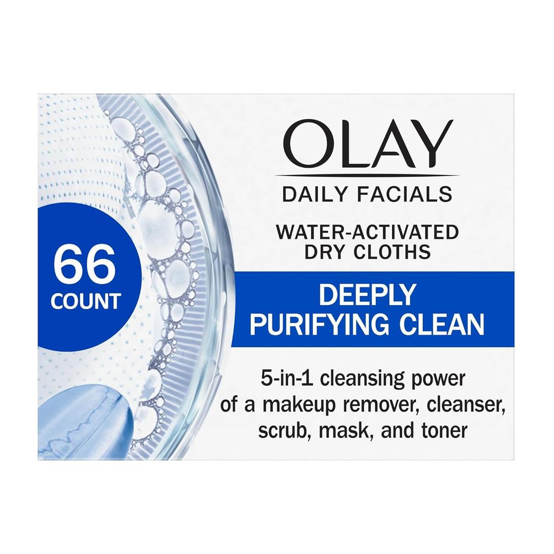 Olay Makeup Remover Wipes, Daily Facials Deep Clean Face Cleanser for Normal to Oily Skin, Fragrance Free, Soft Face Wash Towels, Travel Essentials for Women, Convenient Dry Cloths, 66 ct