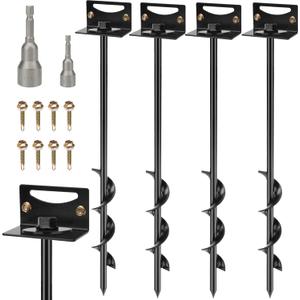 24'' Mobile Home Anchors, Set of 4 Ground Anchors Screw in with Brackets and Drill Bit Storage Shed Anchor Kit Swing Anchor Kits Heavy Duty Spiral Garden Earth Anchors for Trampoline Fence (Black)