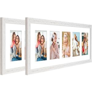 8x24 Collage Frame with 5 Openings 4X6 Pictures, Multiple Picture Frame with Mat, Wall or Tabletop Decor, White Wood Grain,2 Pack