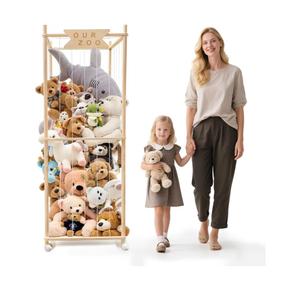 Stuffed Animal Storage Zoo with Wheels, Wooden Large Stuff Animals Plushies Holder, 22.5" D x 22.5" W x 64" H Toy Organizer Storage Cage with Elastic Band and Net for Nursery Playroom Bedroom