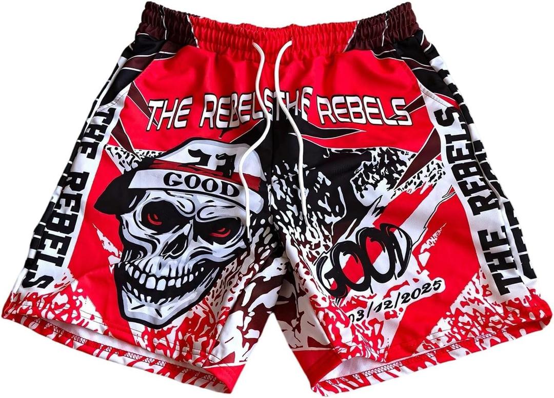 WDIRARA Men's Skull Graphic Shorts Workout Athletic Drawstring Waist Gym Shorts Streetwear (Large, Red)