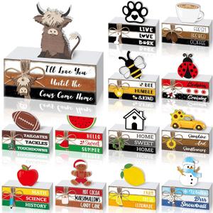 27 Pcs Interchangeable Table Decor Seasonal Bee Lemon Highland Cow Sign Farmhouse Mini Wood Book Stack Spring Summer Tiered Tray Decor for Home Office Desk Shelf Coffee Bar