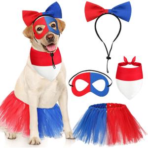 4 Pcs Halloween Clown Dog Costume Set Red Blue Clown Pet Outfit for Small Large Dog Pet Costume Accessories with Headband, Eye Mask, Bandana, Skirt for Puppy Cats Halloween Cosplay Party Favor