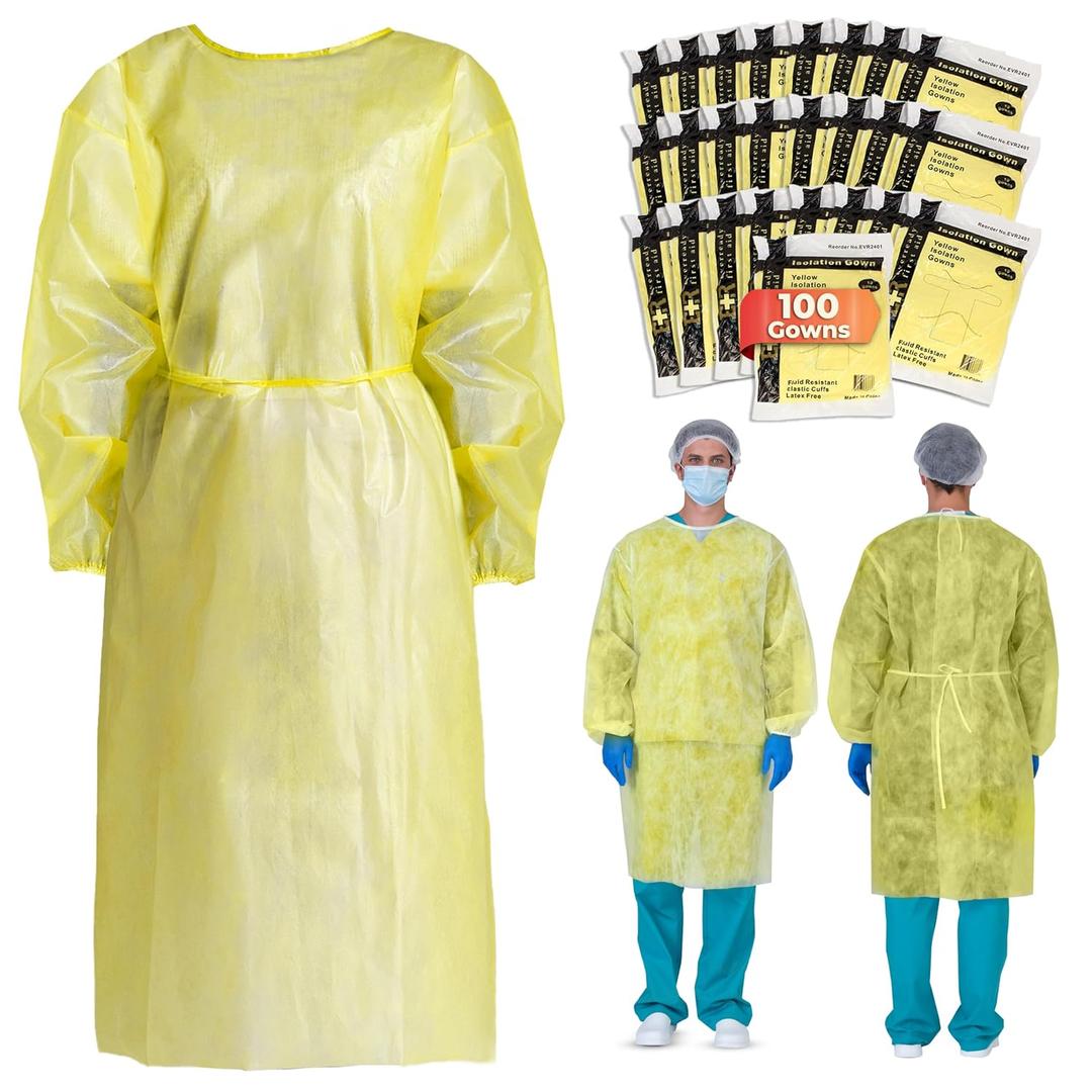 Ever Ready First Aid Disposable Isolation Gown with Elastic Wrists, Universal Size, Yellow - Case of 100