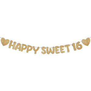 Fulmoon Pre Strung Happy Sweet 16 Banner Glitter Sixteenth Birthday Party Decorations 16th Party Sign Sweet 16 Party Decorations for Birthday Party Bachelorette Party(Champagne Gold)
