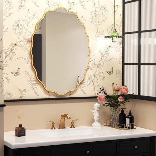 HMANGE Gold Oval Wavy Mirror 24×36 inch, Irregularly Shaped, Unique Vanity Mirror, Wall Mirror for Bathroom, Living Room, Bedroom, Entryway