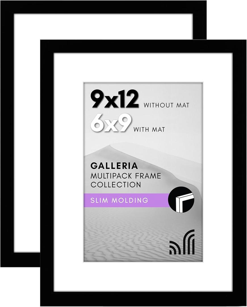 Americanflat 9x12 Picture Frame with Polished Plexiglass - Set of 2 - Use as 6x9 Frame with Mat or Display 9x12 Photo Without Mat - Galleria Collection - Picture Frames for Wall Display - Black
