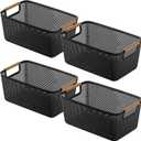 4 Pcs Stackable Wire Baskets, Plastic Storage Baskets with Wooden Handles, Black Storage Bins, Desktop Organizers for Organizing Pantry, Home & Kitchen