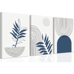 Navy Blue Boho Canvas Wall Art Set of 3 Abstract Bohemian Poster Wall Decor Minimalist Mid-Century Modern Picture Print Geometric Botanical Lines Painting for Bedroom Office Bathroom 12x16in Framed (16L"x12W")
