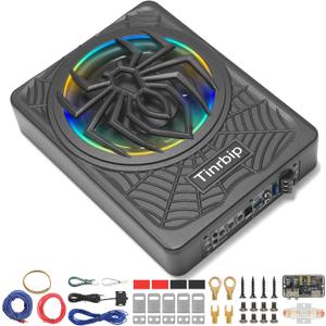 2025 Upgraded 10" 1250W Subwoofer, Slim Under Seat Powered Car Subwoofer, Car/Truck Audio Sub Built in Amplifier Amp Package with Colorful LED Light, Enjoy Audio Experience