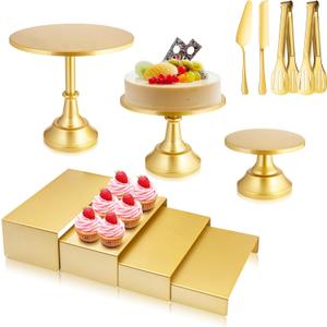 Gold Dessert Table Display Set, Metal Round Cake Pedestal Stands, Cupcake Fruit Candy Donut Risers Stands with Tong, Cake Knife and Server Set for Wedding, Birthday,Baby Shower, Party (7 Pack)
