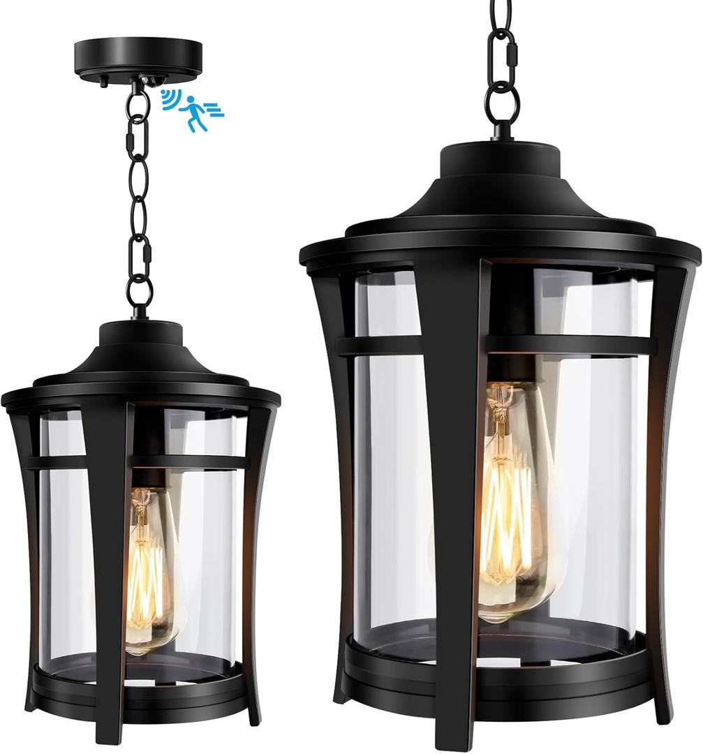 Lotsky Motion Sensor Outdoor Hanging Lights,360Detection Outdoor Pendant Lights for Porch, Black Anti-Rust Aluminum Exterior Outside Chandelier for Gazebo,Front Door,Yard,Patio,Waterproof,E26 Base