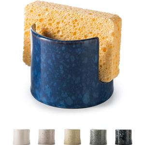 Zoeeker Kitchen Sponge Holder, Ceramic Sponge Organizer Scrubby Holder Sink Caddy Dish Rack for Kitchen and Bathroom, Farmhouse Decor, Blue (Cylindrical)